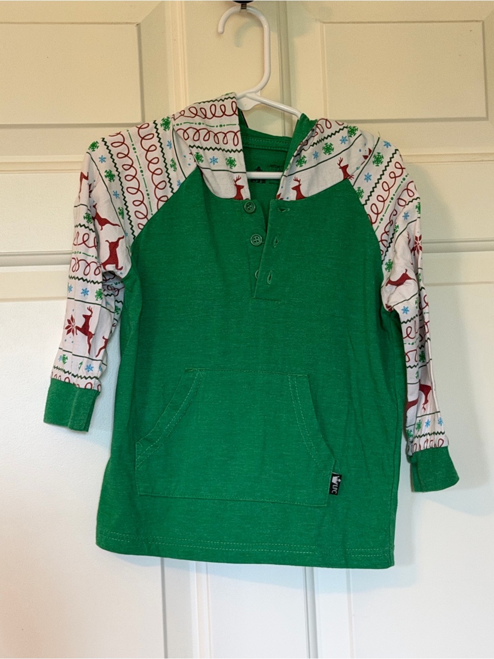 Green Kids Hooded Pullover with Festive Reindeer Sleeves and Tassle on hood